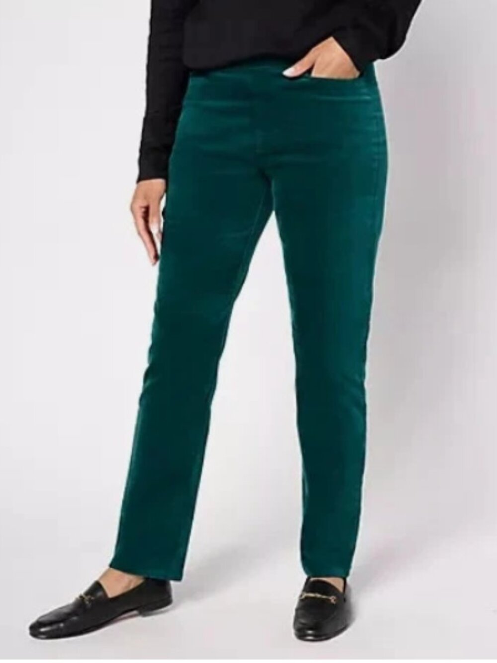 Denim & Co Stretch Velvet Straight Leg Pull-On Pant-Green-Tall Medium-A662789